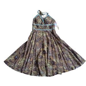 Phoebe Couture Peacock Halter Dress Brown Green Sparkle Beaded Accent SZ 10 NWT